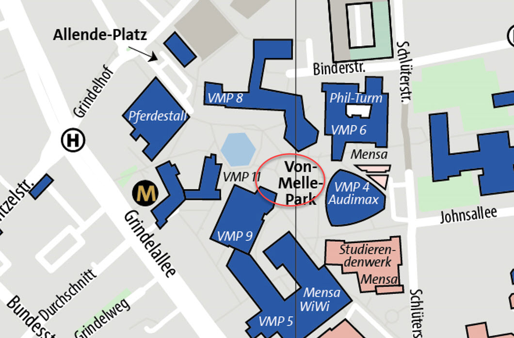 Ausschnitt aus dem Lageplan des Von-Melle-Park-Campus, auf dem die Stelle vor dem Audimax markiert ist.