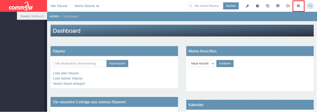 Screenshot persönliches Dashboard  'Meine Einstiegsseite'. Mit Kategorien: Räume, neueste Einträge, Kalender. 