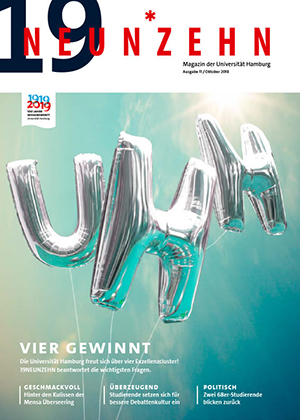 Hochschulmagazin 19NEUNZEHN: Cover der Ausgabe Oktober 2018, Heliumluftballons in Form der Buchstaben: UHH