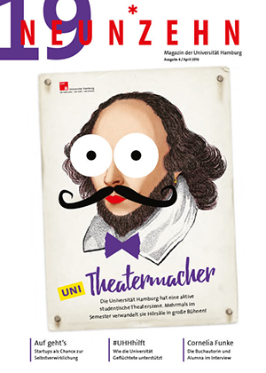 Hochschulmagazin 19NEUNZEHN: Cover der Ausgabe April 2016, Karikatur Shakepeare