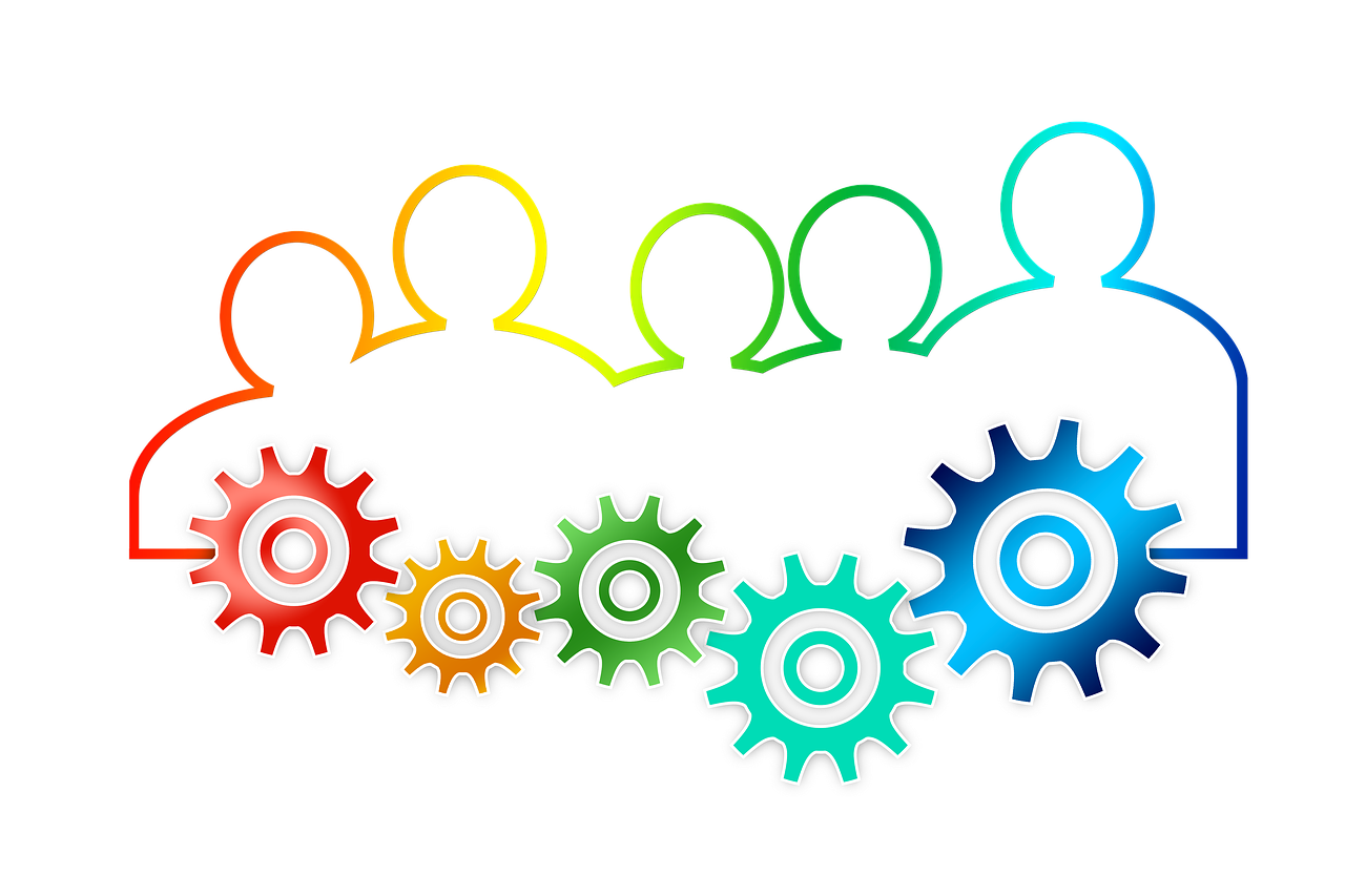 Outlines of various rainbow-colored persons and cogwheels