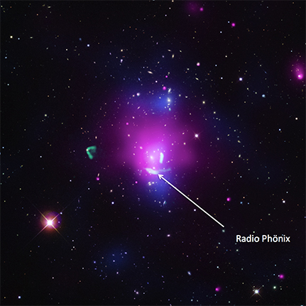 So bunt ist der Kosmos! Das Montagebild zeigt den Radio-Phönix im Abell 1033, der von Dr. Francesco de Gasperin und Prof. Dr. Marcus Brüggen von der Hamburger Sternwarte beobachtet wurde. Foto: X-ray: NASA/CXC/Univ of Hamburg/F. de Gasperin et al; Optical: SDSS; Radio: NRAO/VLA/Univ of Hamburg/F. de Gasperin et al
