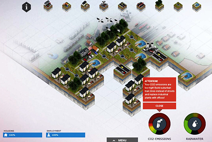 Screenshot von „StadtklimaArchitekt“: Das Spiel warnt, etwa wenn die CO2-Emissionen in der selbst gebauten Stadt zu hoch sind. Bild: UHH/CEN