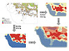 Die Karten aus dem Südwesten von Mexico-Stadt zeigen oben links Bürgerbeschwerden (schwarz) und neue Urbanisierung (rot). Hinzu kommen die Daten aus dem Human Sensing (oben rechts) und dem Remote Sensing (unten links). Die Kombination (unten rechts) zeigt mit 99-prozentiger Sicherheit Hotspots illegaler Besiedlung (in Dunkelrot). Grafik: UHH/CEN/Rodriguez, Heider