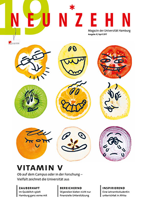 Hochschulmagazin 19NEUNZEHN: Cover der Ausgabe April 2017, Abbildung verschiedener Obst- und Gemüsesorten in Form von Emojis