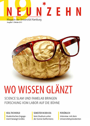 Hochschulmagazin 19NEUNZEHN: Cover der Ausgabe Oktober 2013, Abbildung goldenes Gehirn mit aufgesetzter Brille
