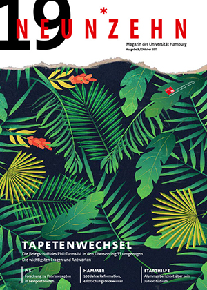 Hochschulmagazin 19NEUNZEHN: Cover der Ausgabe Oktober 2017, Darstellung abgerissene Tapete mit Pflanzenoptik