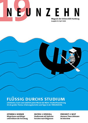 Hochschulmagazin 19NEUNZEHN: Cover der Ausgabe April 2020, Abbildung eines Bootes in Form eines Euro-Zeichens