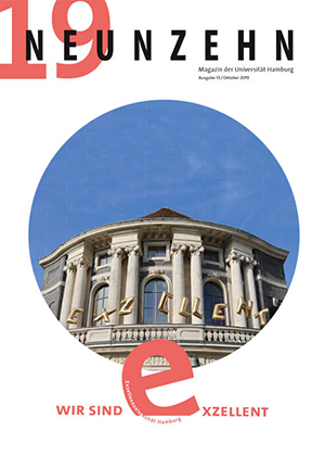 Hochschulmagazin 19NEUNZEHN: Cover der Ausgabe Oktober 2019, Abbildung des Hauptgebäudes der Universität Hamburg mit der Aufschrift: exzellent
