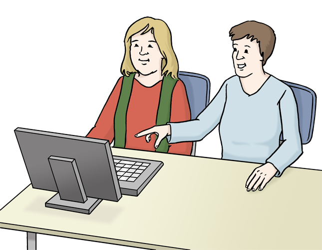 Zwei Personen arbeiten zusammen an einem Computer