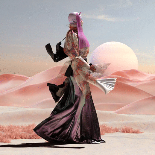 Eine Frau läuft auf einem GIF mit virtueller Bekleidung durch die Wüste.