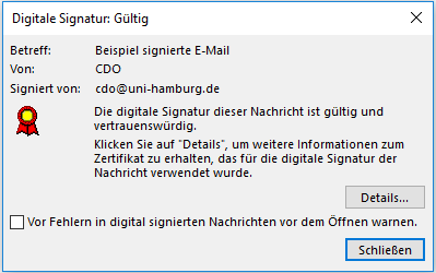 Screenshot der Zertifikats-Meldung, die besagt, dass die digitale Signatur gültig ist