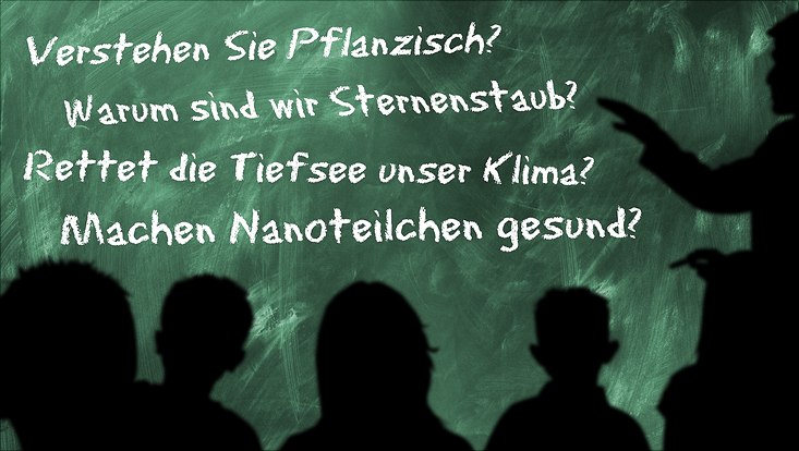 Grüner Tafel-Hintergrund mit vier Fragen darauf geschrieben. Um die Fragen sieht man die Schatten der Lehrperson und der Zuhörenden.