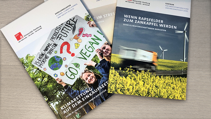 Es sind drei Magazine der Universität Hamburg zu sehen, die übereinander liegen.