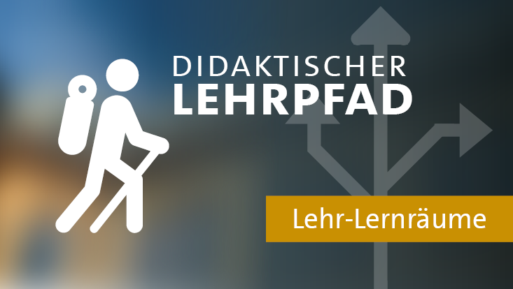 Wanderer-Icon neben dem Titel "Didaktischer Lehrpfad". Darunter ein Fähnchen mit der Beschriftung "Lehr-Lernräume" auf gelblichen Grund.