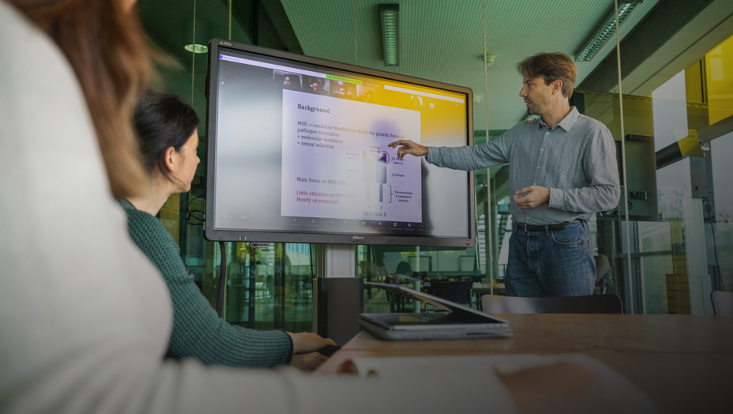 Mann hält Präsentation vor Bildschirm