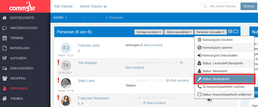Screenshot 'Personen'-Seite des Raumes. Unter 'Aktion auswählen' die Einstellung 'Status: ModeratorIn' hervorgehoben.