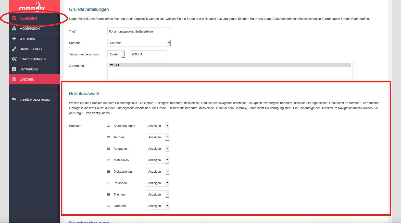 Drop-Down-Menü für Einstellungen im Gruppenraum