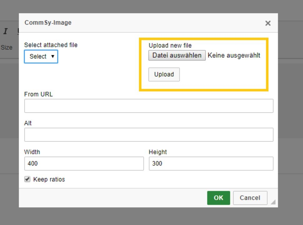 Screenshot: Commsy -Image form to upload a file to insert as media with a highlight on the 'upload new file' section