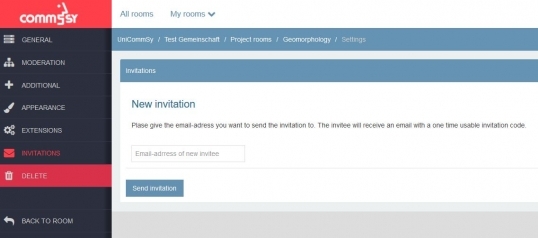 Screenshot: rubrics list of the settings menu with a highlight on the 'invitations' option