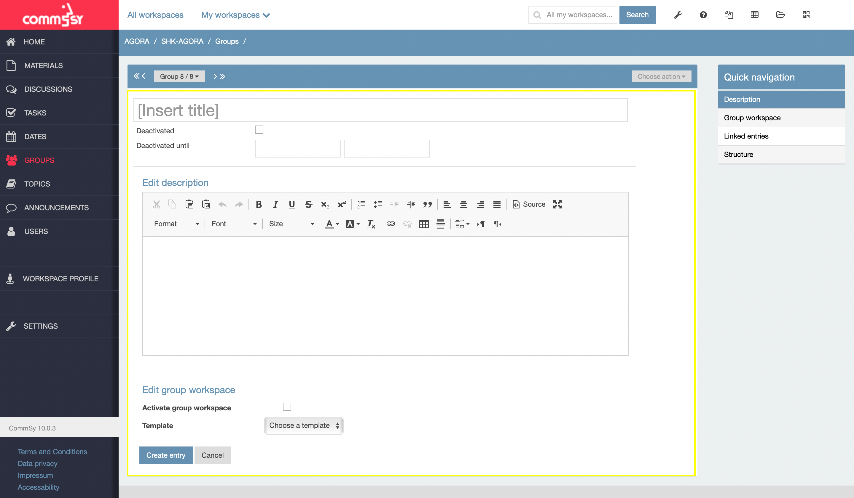 Screenshot: Overview of the 'new entry' form 
