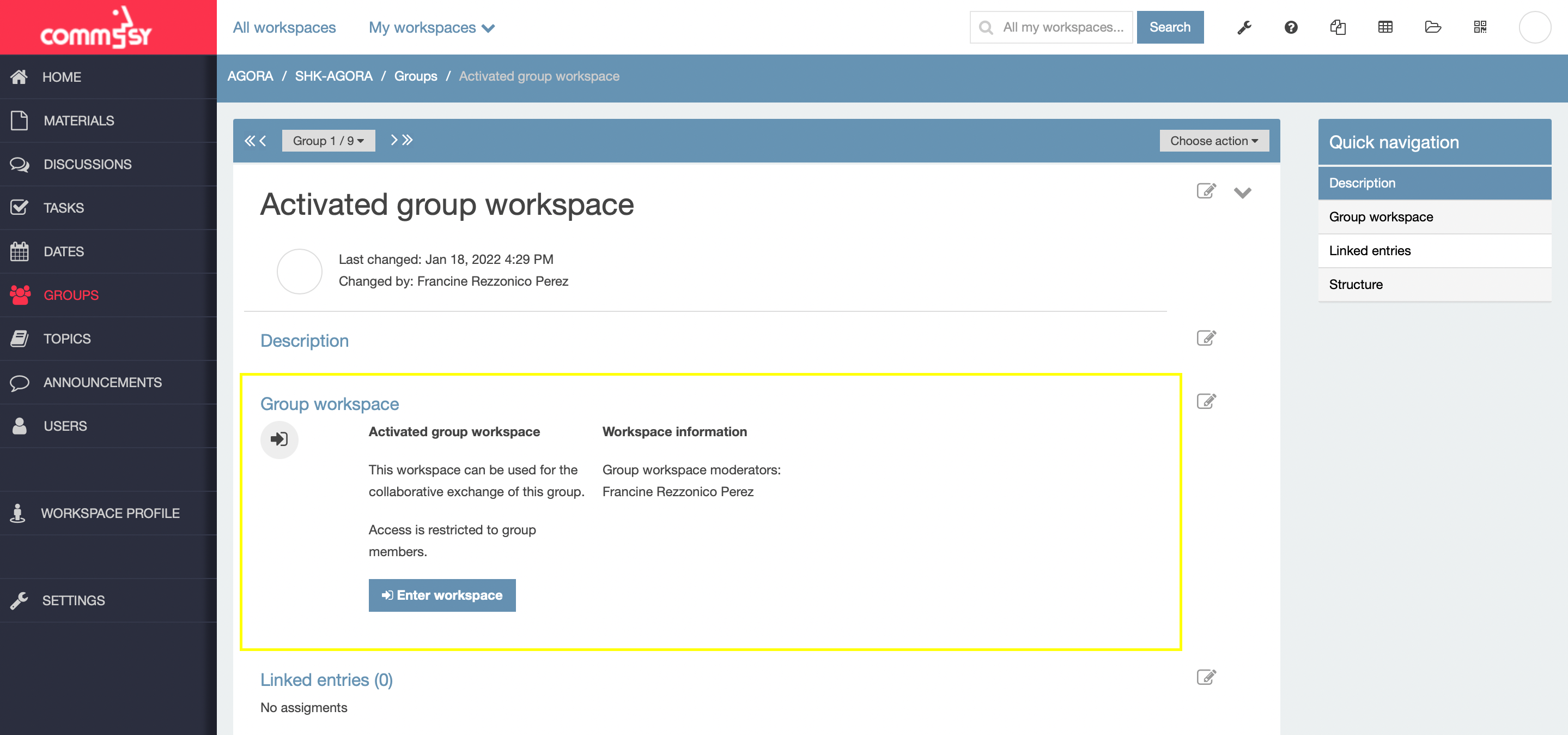 Screenshot: workspace 'groups' section with a highlight on the 'group workspace' section