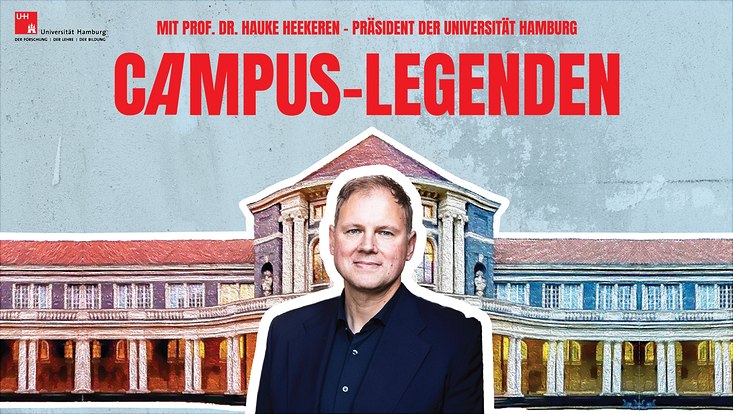 Cover des Podcasts Campus-Legenden: Hauptgebäude der Universität Hamburg im Hintergrund, Universitätspräsident Prof. Dr. Hauke Heekeren im Vordergrund