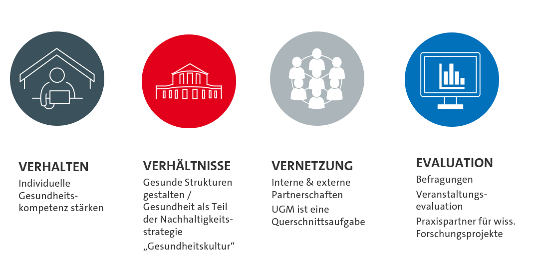 In vier farbigen Kreisen sind die vier Handlungsebenen des UGM als Ikons dargestellt: Verhalten, Verhältnisse, Vernetzung und Evaluation