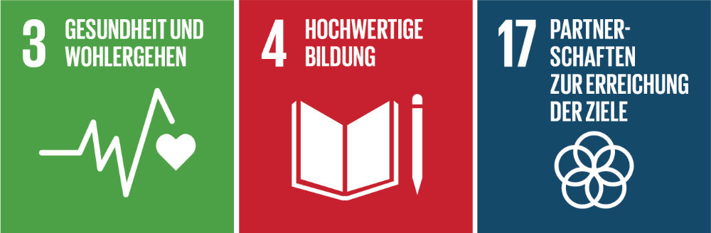 drei quadratische Kacheln zeigen die drei SDGs: Gesundheit und Wohlergehen; Hochwertige Bildung; Partnerschaften zur Erreichung der Ziele