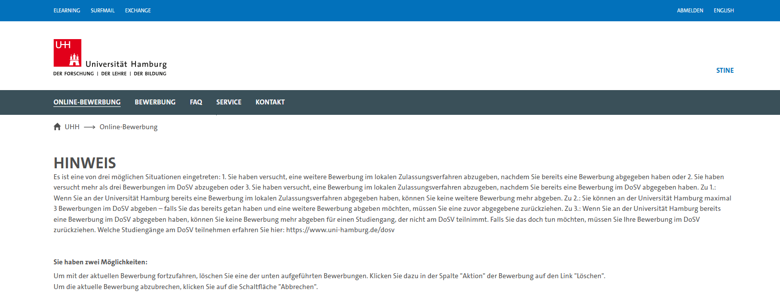 Fehlermeldung STiNE - Überscheitung der maximalen Anzahl an Bewerbungen