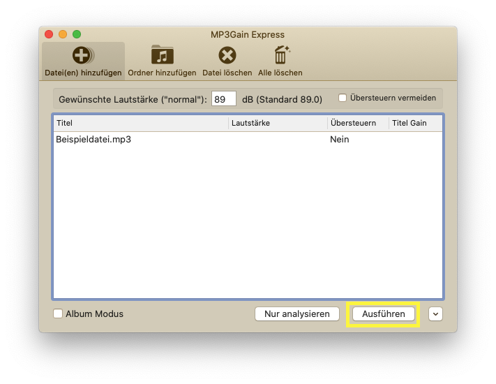 Screenshot der Software MP3Gain