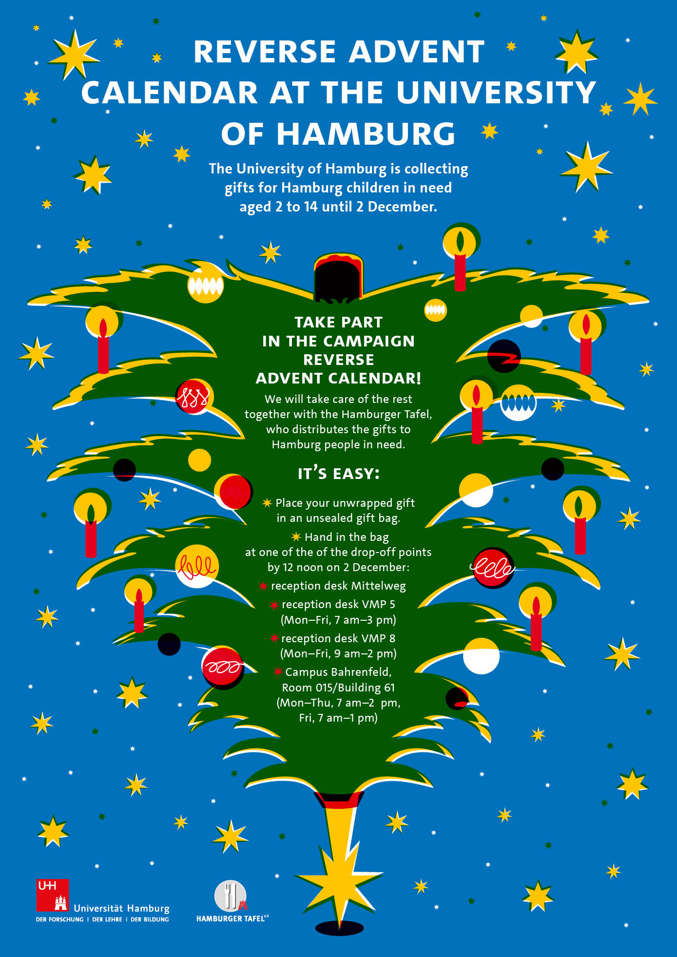 Poster for the Reverse Advent Calendar campaign: Illustration of an upside-down fir tree with baubles and candles