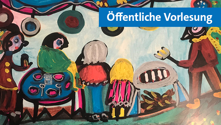 Kindlich anmutende Zeichnung einer Grillsituation mit gedecktem Tisch, Personen, die daran sitzen und einem Fuchs in Menschenform, der am Grill steht