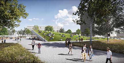 So könnte der neue Campus aus der Blickrichtung vom WiWi-Bunker aussehen. Im Hintergrund: Platz, Eingang und begrüntes Dach des Ausstellungsgebäudes. Bild: asdfg Architekten/bloomimages