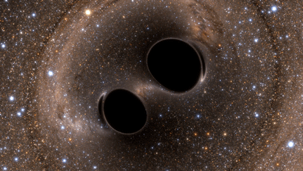 Zwei Schwarze Löcher werden zu einem. Das Bild zeigt eine Simulation. Das Laser Interferometer Gravitational-Wave Observatory (LIGO) hat Gravitationswellen aufgezeichnet, die bei der Fusion zweier Schwarzer Löcher entstanden. Foto: SXS