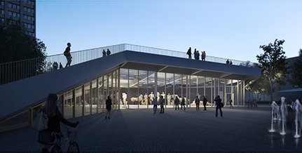 So könnte der zentrale Ausstellungs- und Versammlungsraum nachts von außen aussehen. Im Hintergrund: der Philturm. Bild: asdfg Architekten/bloomimages