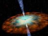 Konzeptionelle Darstellung eines aktiven Galaxienkerns mit einem zentralen Schwarzen Loch. Diese Objekte sind Quellen hochenergetischer Gammastrahlung. Bildnachweis: NASA/JPL-Caltech
